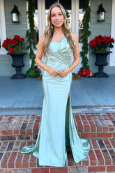 Dreamyannie Green Prom Dress Mermaid Ruched Satin Formal Dress With Slit