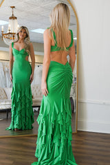 Dreamyannie Green Prom Dress Mermaid Ruffled Satin Long Formal Dress With Beadings