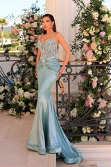 Dreamyannie Green Prom Dress Mermaid Spaghetti Straps Lace Satin Formal Dress