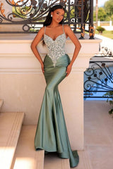 Dreamyannie Green Prom Dress Mermaid Spaghetti Straps Lace Satin Formal Dress