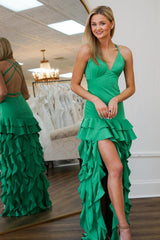 Dreamyannie Green Prom Dress Ruffled Backless Long Formal Dress With Slit