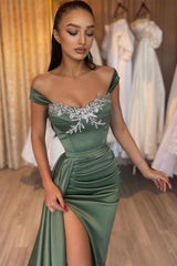 Dreamyannie Green Prom Dress Sleeveless Lace Satin Formal Dress With Slit
