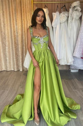 Dreamyannie Green Prom Dress Spaghetti Strap A Line Beaded Sleeveless Satin Formal Dress With Slit