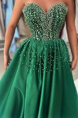 Dreamyannie Green Prom Dress Sweetheart Beaded A Line Satin Slit Formal Dress