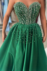 Dreamyannie Green Prom Dress Sweetheart Beaded A Line Satin Slit Formal Dress