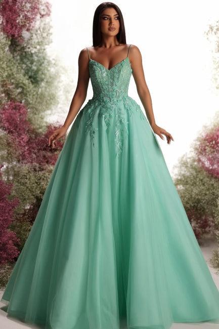 Dreamyannie Green Prom Dress V Neck A Line Spaghetti Strap Sleeveless Ball Gown 3D Flowers Tulle Formal Dress