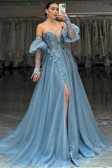 Dreamyannie Grey Blue Prom Dress A-Line Appliques Formal Dress With Slit