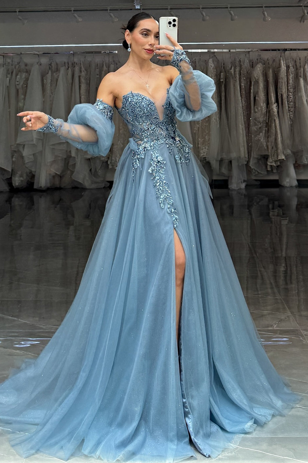 Dreamyannie Grey Blue Prom Dress A-Line Appliques Formal Dress With Slit