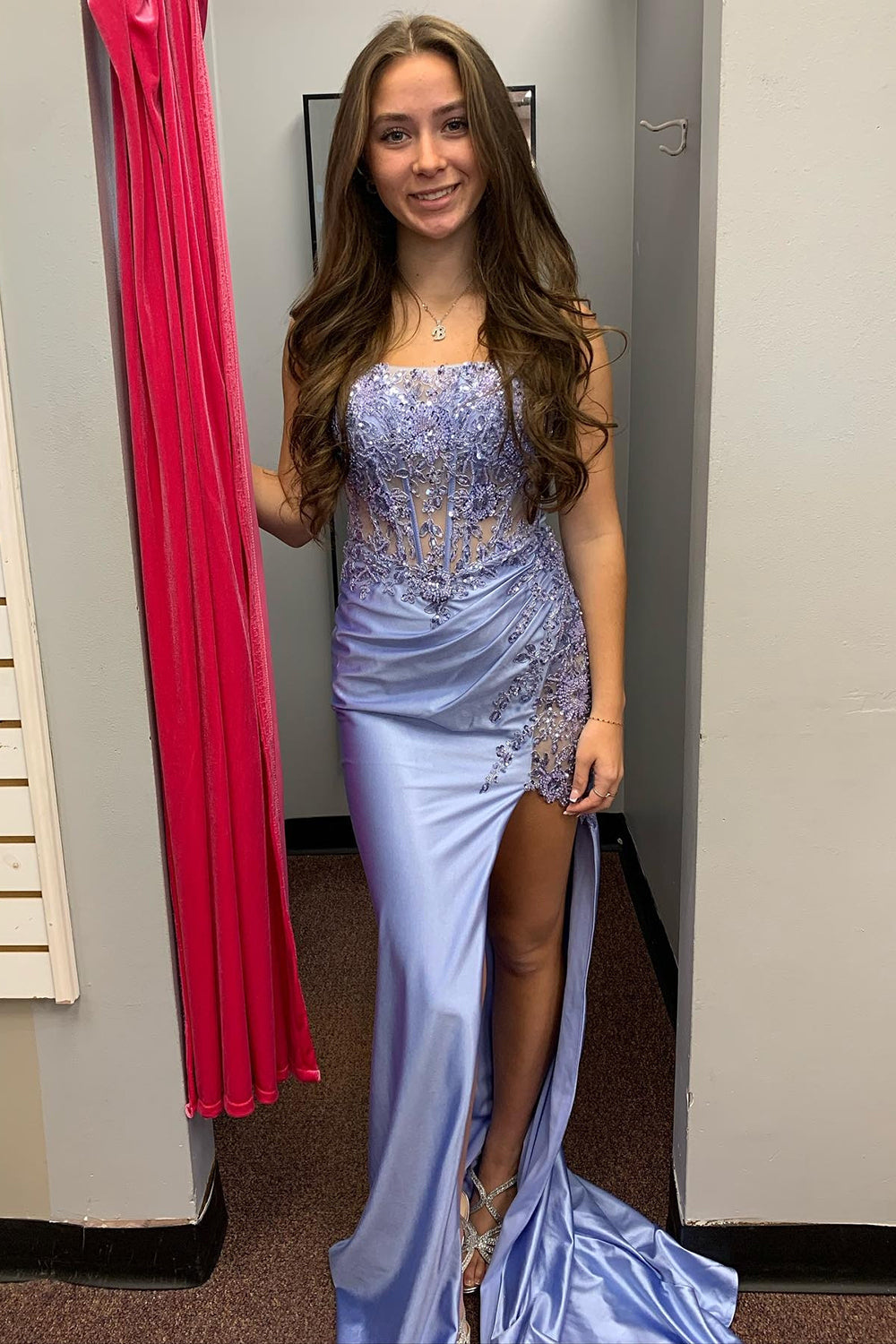 Dreamyannie Grey Blue Prom Dress Corset Sweetheart Long Formal Dress With Lace
