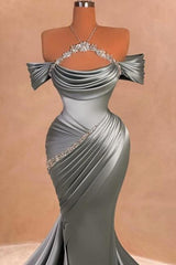 Dreamyannie Grey Blue Prom Dress Mermaid Strapless Halter Off The Shoulder Beaded Satin Formal Dress