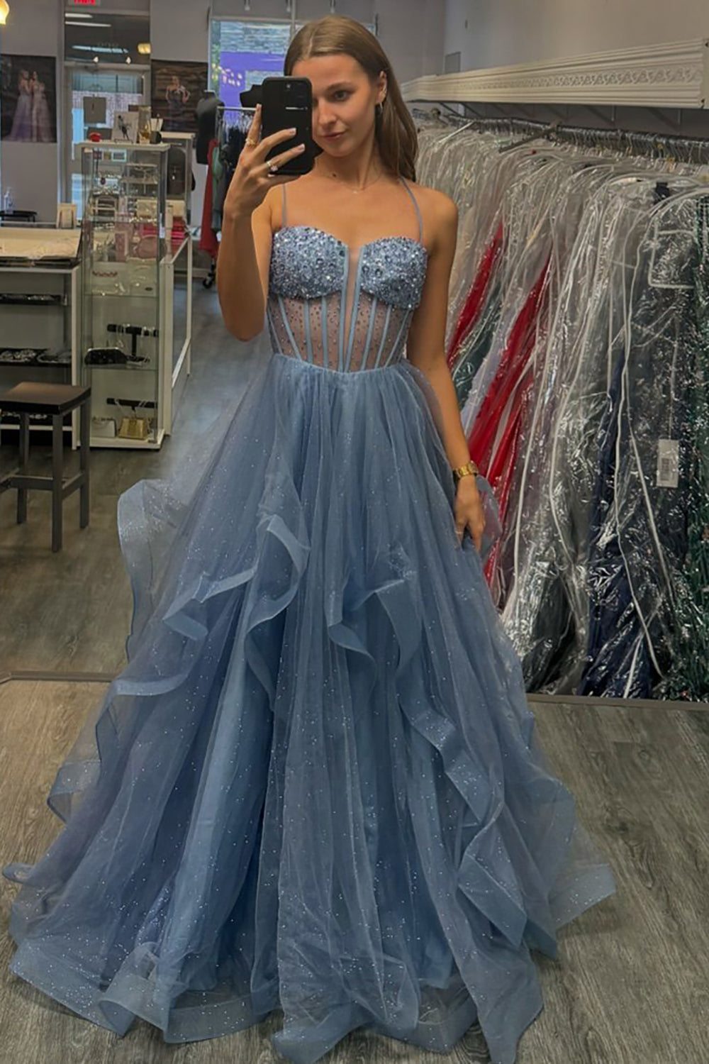 Dreamyannie Grey Blue Prom Dress Ruffled A-Line Spaghetti Straps Long Formal Dress