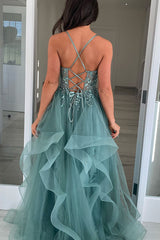 Dreamyannie Grey Green Prom Dress Floral Ruffled A-Line Spaghetti Straps Long Formal Dress