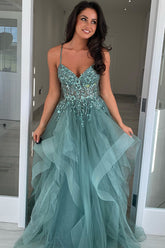 Dreamyannie Grey Green Prom Dress Floral Ruffled A-Line Spaghetti Straps Long Formal Dress