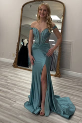 Dreamyannie Grey Green Prom Dress Off The Shoulder Corset Long Formal Dress With Slit