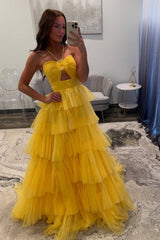 Dreamyannie Halter A Line Yellow Prom Dress Ruffled Tulle Long Formal Dress With Keyhole