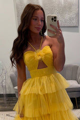 Dreamyannie Halter A Line Yellow Prom Dress Ruffled Tulle Long Formal Dress With Keyhole
