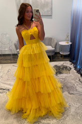 Dreamyannie Halter A Line Yellow Prom Dress Ruffled Tulle Long Formal Dress With Keyhole
