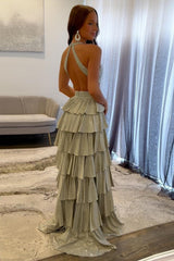 Dreamyannie Halter Grey Prom Dress Tiered A-Line Long Formal Dress With Slit
