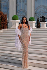 Dreamyannie Halter Neck Beaded Prom Dress Mermaid Sleeveless Formal Dress