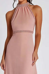 Dreamyannie Halter Neck Pink Wedding Guest Dress Beaded Long Formal Dress