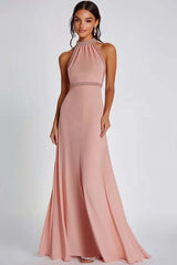 Dreamyannie Halter Neck Pink Wedding Guest Dress Beaded Long Formal Dress