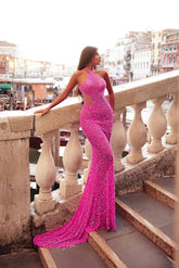 Dreamyannie Halter Neck Sequined Prom Dress Backless Mermaid Formal Dress