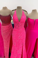 Dreamyannie Halter Pink Prom Dress Long Lace Formal Dress With Slit