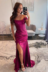 Dreamyannie Hot Pink Prom Dress Ruched Corset Metallic Mermaid Formal Dress With Slit
