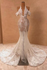 Dreamyannie Ivory Halter Wedding Dress Off The Shoulder Mermaid Slit Formal Dress With Lace