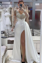 Dreamyannie Ivory Wedding Dress A Line V Neck Beaded Front Slit Panel Train Satin Formal Dress