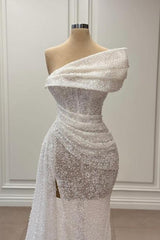 Dreamyannie Ivory Wedding Dress Mermaid One Shoulder Sleeveless Sequined Panel Train Tulle Formal Dress With Slit