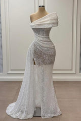 Dreamyannie Ivory Wedding Dress Mermaid One Shoulder Sleeveless Sequined Panel Train Tulle Formal Dress With Slit