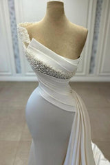 Dreamyannie Ivory Wedding Dress Mermaid Strapless One Shoulder Beaded Satin Panel Train Formal Dress