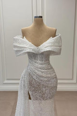 Dreamyannie Ivory Wedding Dress Mermaid Strapless Sequined Off The Shoulder Sleeveless Tulle Formal Dress With Slit