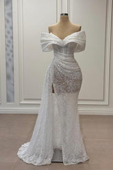 Dreamyannie Ivory Wedding Dress Mermaid Strapless Sequined Off The Shoulder Sleeveless Tulle Formal Dress With Slit