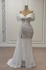 Dreamyannie Ivory Wedding Dress Mermaid Strapless Sequined Off The Shoulder Sleeveless Tulle Formal Dress With Slit