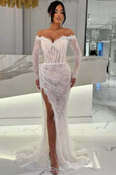 Dreamyannie Ivory Wedding Dress Mermaid Sweetheart Off The Shoulder Sequined Lace Formal Dress With Slit