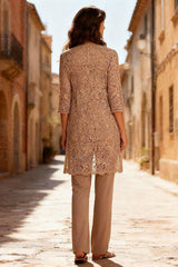 Dreamyannie Khaki Lace Boat Neck 3 Piece Mother Of The Bride Pant Suits With Jacket