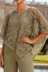 Dreamyannie Lace Dusty Sage Boat Neck 2 Piece Mother Of The Bride Pant Suits