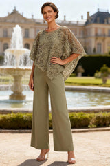 Dreamyannie Lace Dusty Sage Boat Neck 2 Piece Mother Of The Bride Pant Suits