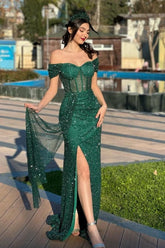Dreamyannie Lace Prom Dress Off The Shoulder Sweetheart Sleeveless Green Formal Dress With Slit