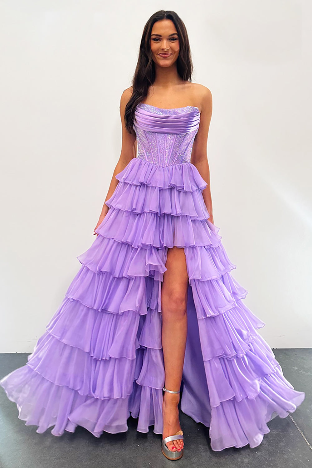 Dreamyannie Lavender Prom Dress A Line Strapless Corset Long Chiffon Formal Dress With Slit