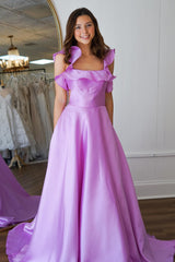 Dreamyannie Lavender Prom Dress Square Neck A Line Formal Dress With Ruffled Sleeves