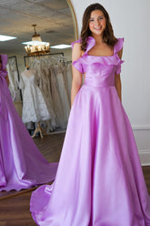 Dreamyannie Lavender Prom Dress Square Neck A Line Formal Dress With Ruffled Sleeves
