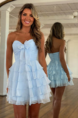 Dreamyannie Light Blue A Line Homecoming Dresses Sweetheart Tiered Tulle Short Cocktail Dresses