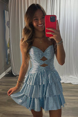 Dreamyannie Light Blue A Line Homecoming Dresses Tiered Short Cocktail Dresses With Beading
