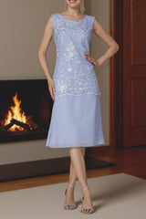 Dreamyannie Light Blue Chiffon Boat Neck Midi 2 Piece Mother Of The Bride Dress With Jacket
