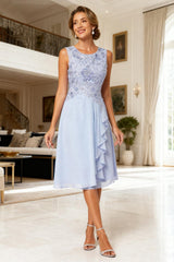 Dreamyannie Light Blue Chiffon Boat Neck Tea Length 2 Piece Mother Of The Bride Dress With Jacket