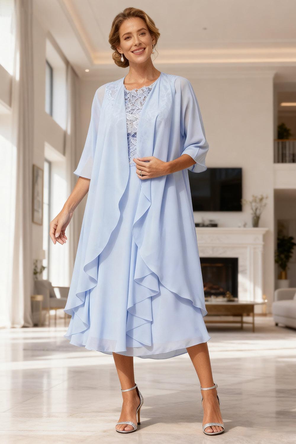 Dreamyannie Light Blue Chiffon Boat Neck Tea Length 2 Piece Mother Of The Bride Dress With Jacket