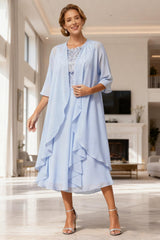 Dreamyannie Light Blue Chiffon Boat Neck Tea Length 2 Piece Mother Of The Bride Dress With Jacket